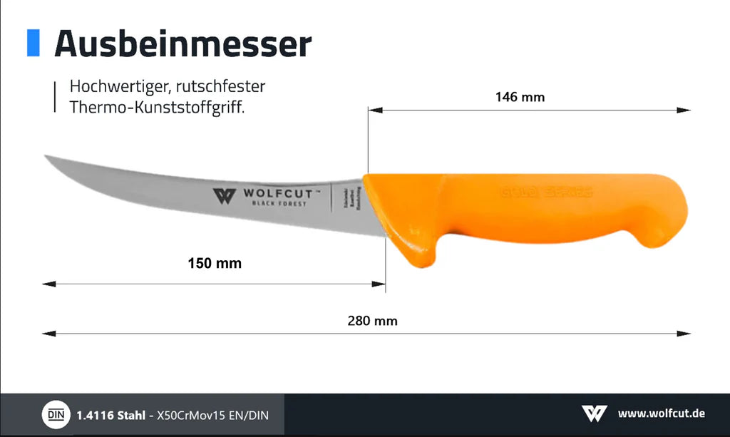 WOLFCUT Gold Ausbeinmesser 15cm gebogene Flex Klinge